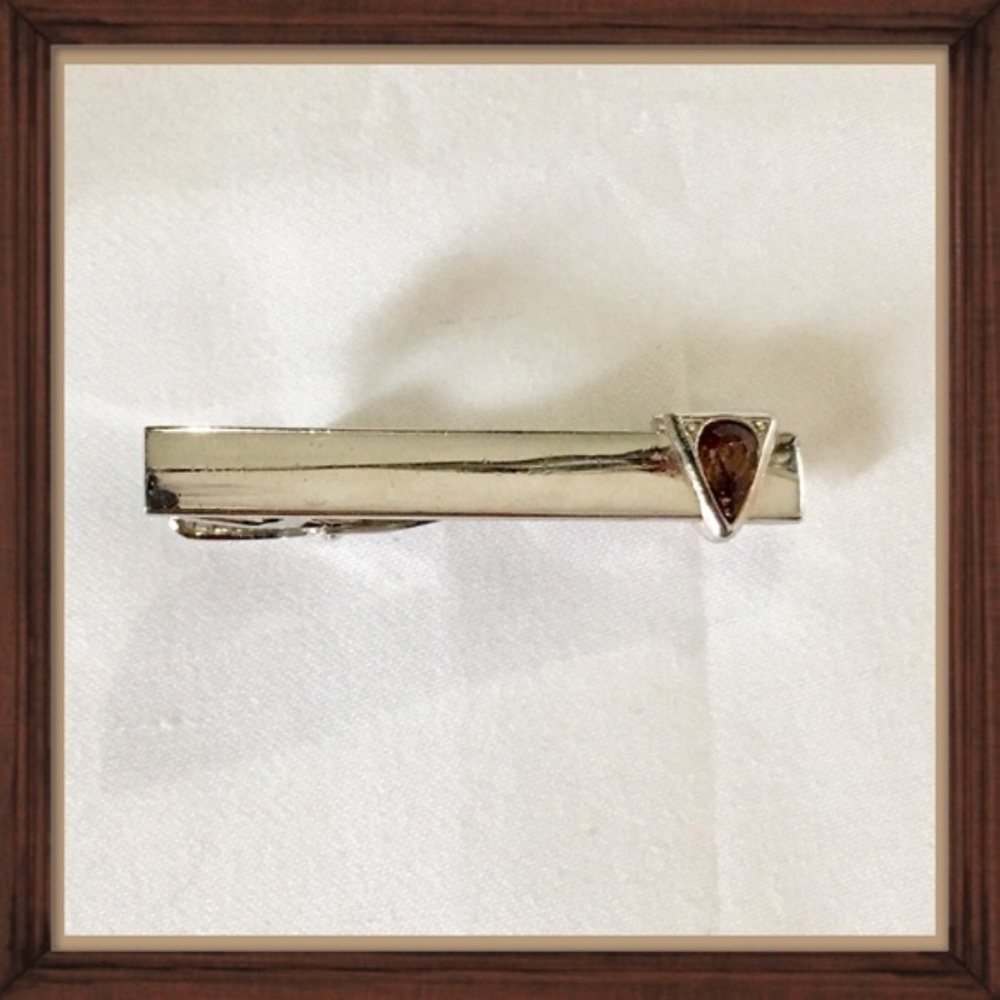 Vintage Stainless Steel Tie Clip Brown Diamond